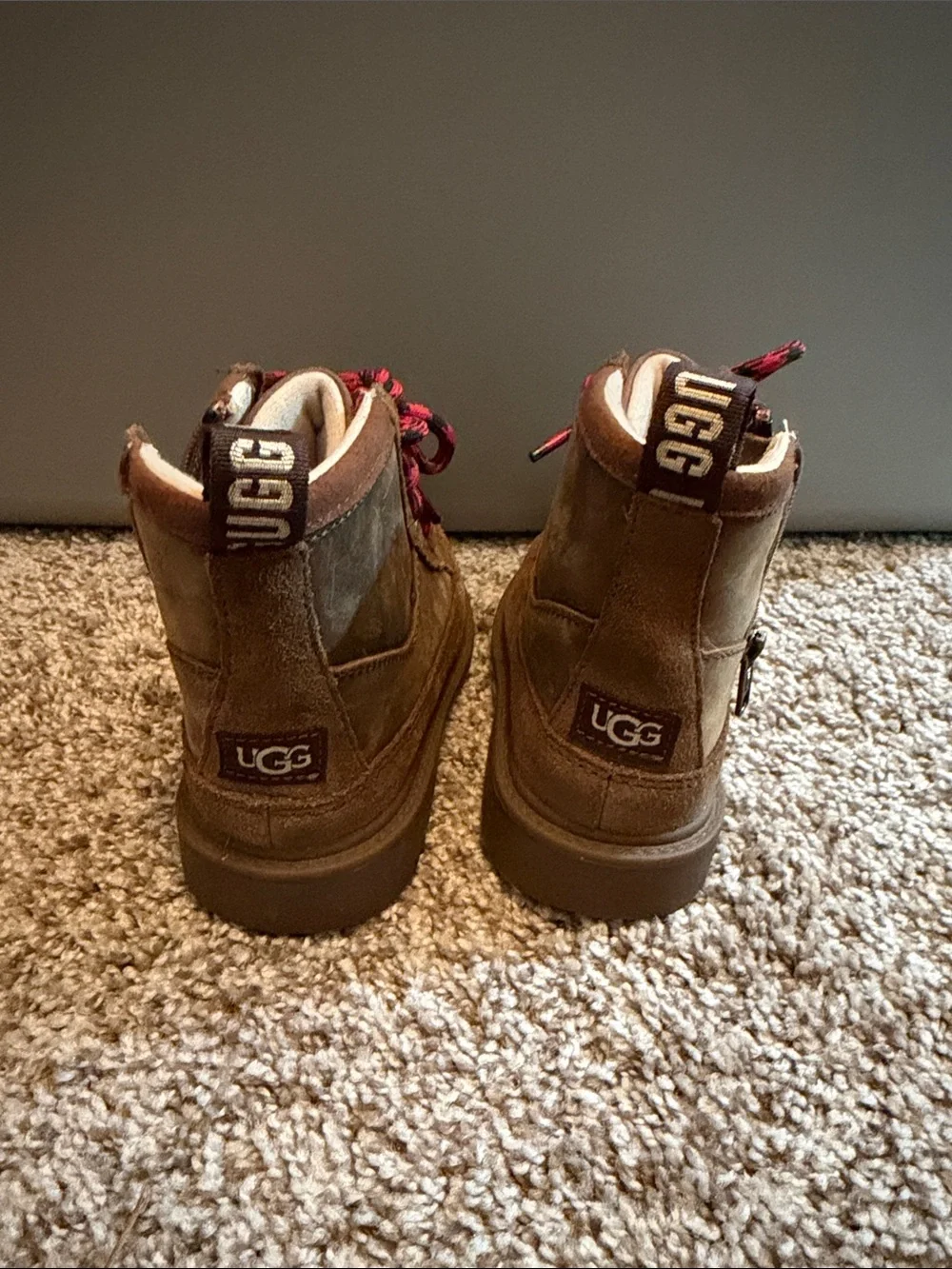 UGG Kids Brown Suede Boots with Red and Black Laces